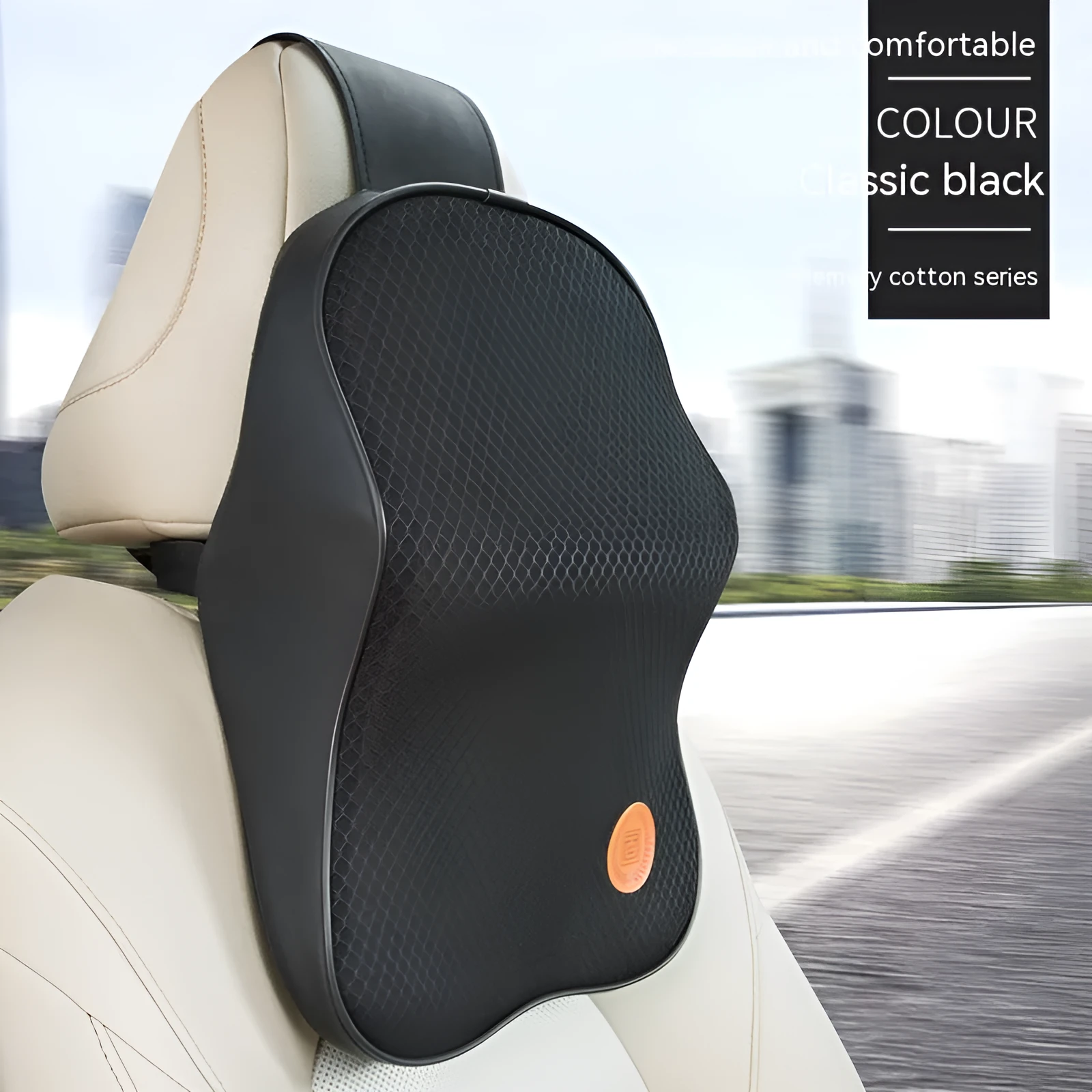 Black and beige memory foam car headrest pillow and lumbar support cushion set on a car seat.