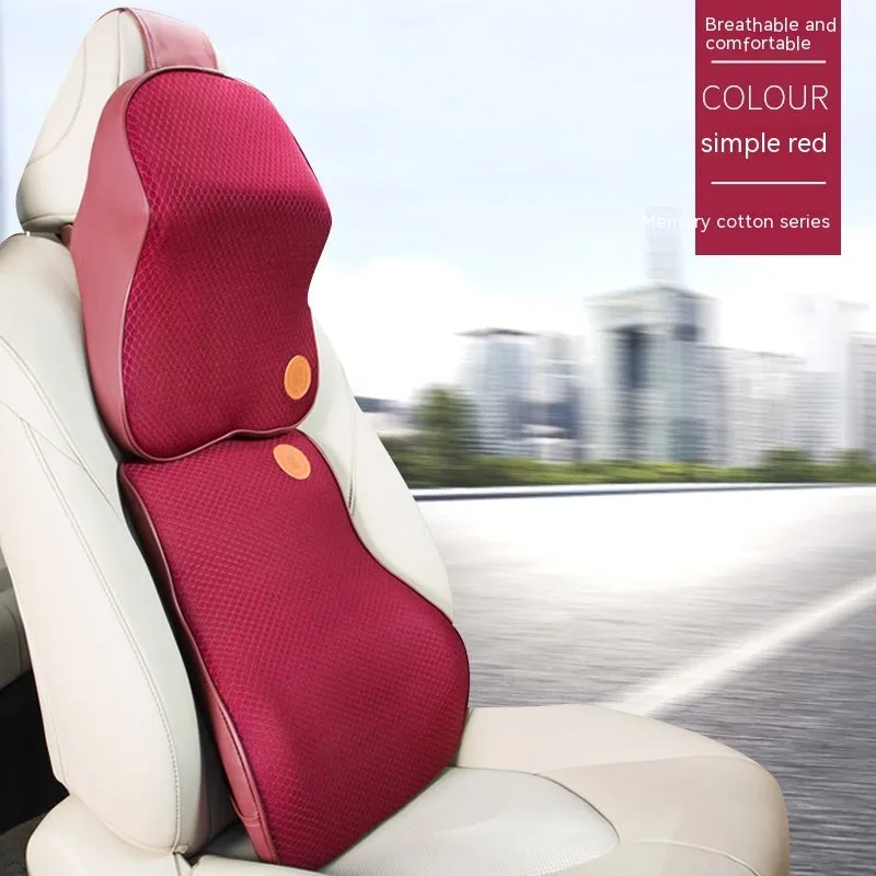 Black and beige memory foam car headrest pillow and lumbar support cushion set on a car seat.