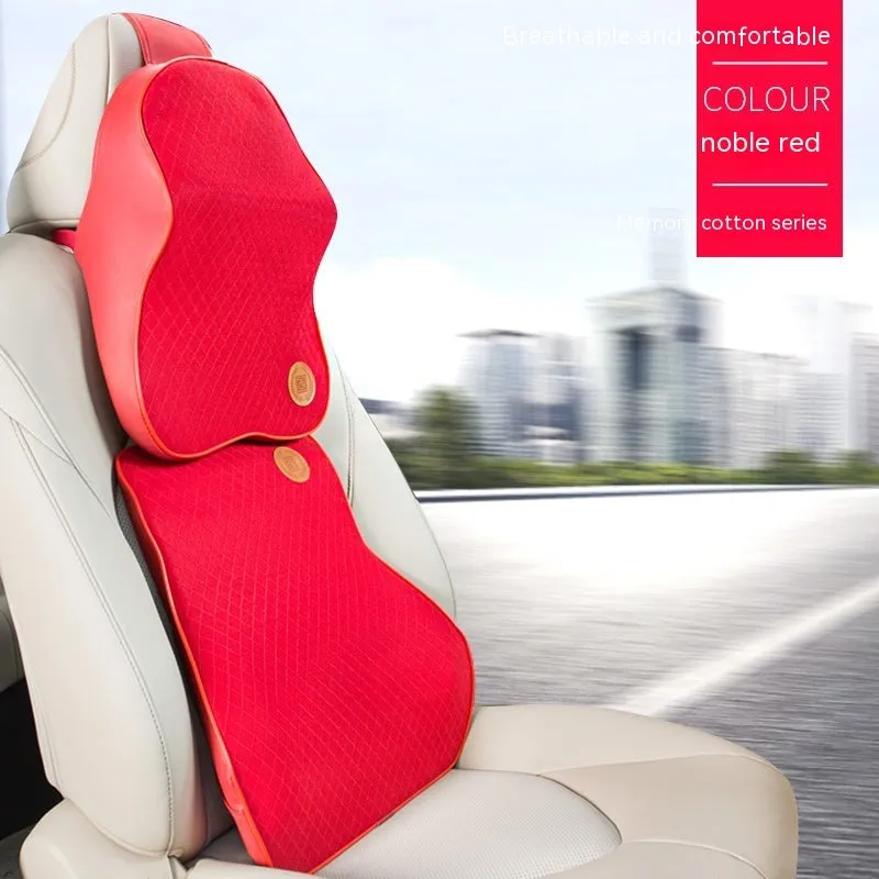 Black and beige memory foam car headrest pillow and lumbar support cushion set on a car seat.