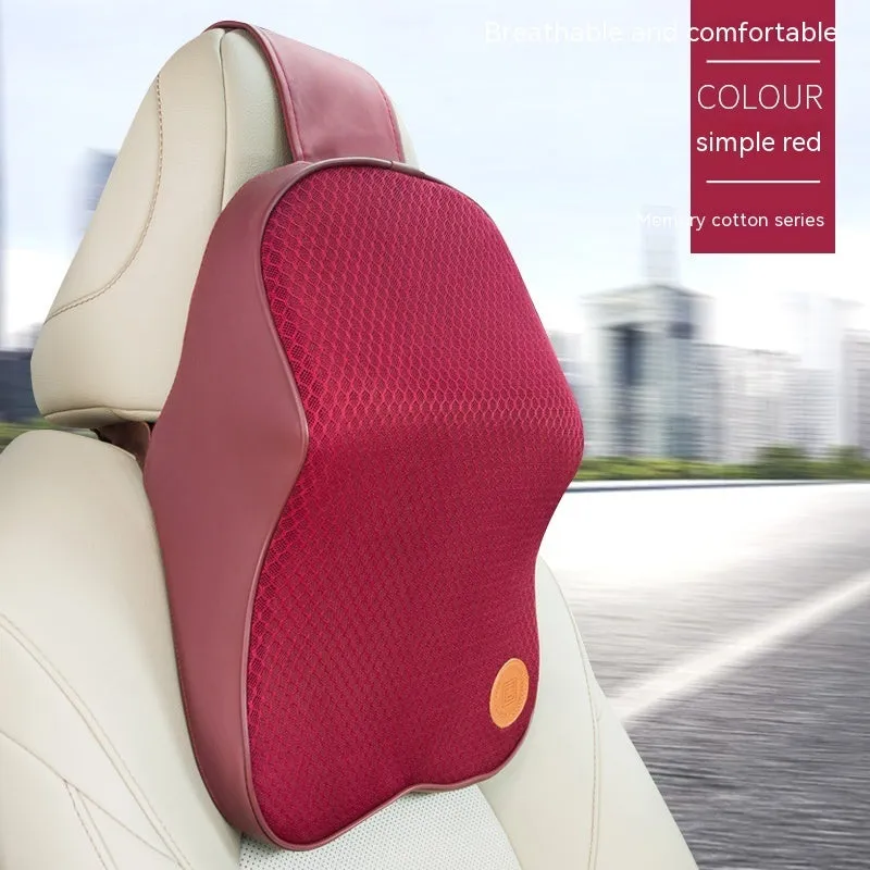 Black and beige memory foam car headrest pillow and lumbar support cushion set on a car seat.