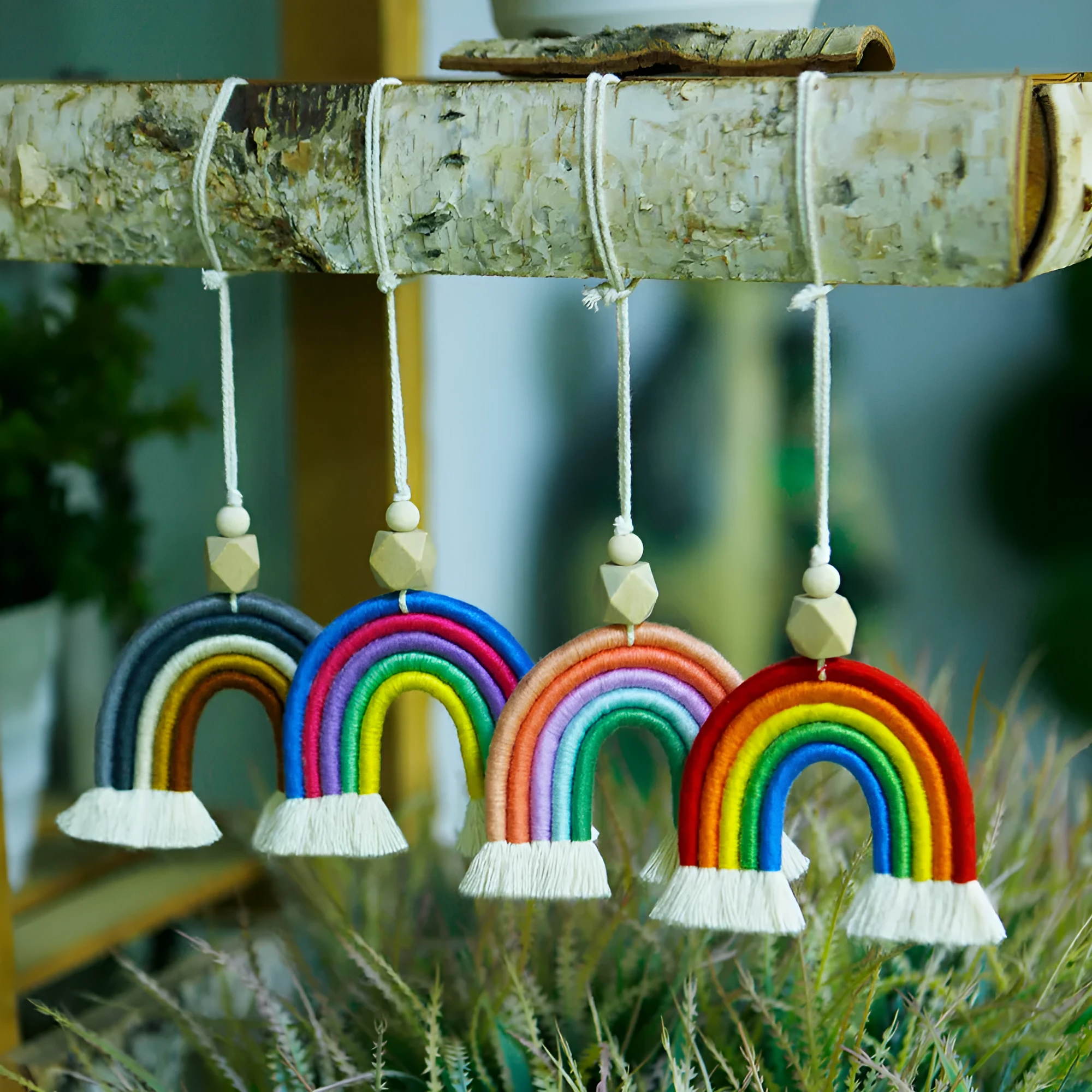 Vintage bohemian handwoven rainbow car pendant with tassel in blue, pink, grey, or red