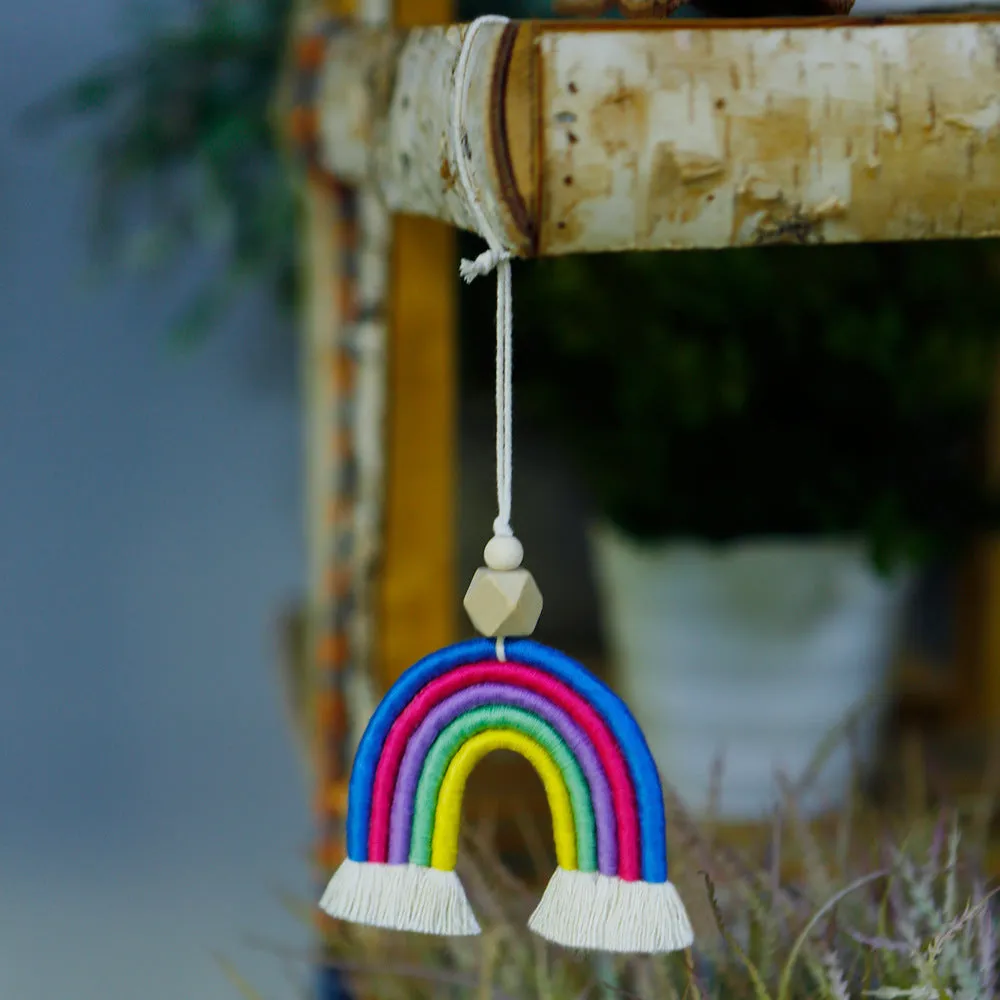 Vintage bohemian handwoven rainbow car pendant with tassel in blue, pink, grey, or red