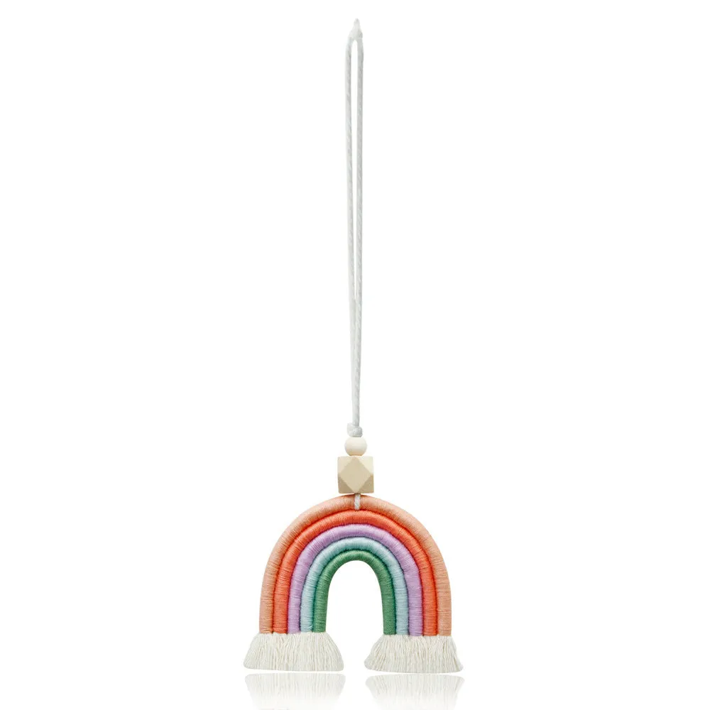 Vintage bohemian handwoven rainbow car pendant with tassel in blue, pink, grey, or red