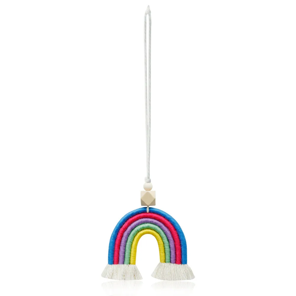 Vintage bohemian handwoven rainbow car pendant with tassel in blue, pink, grey, or red
