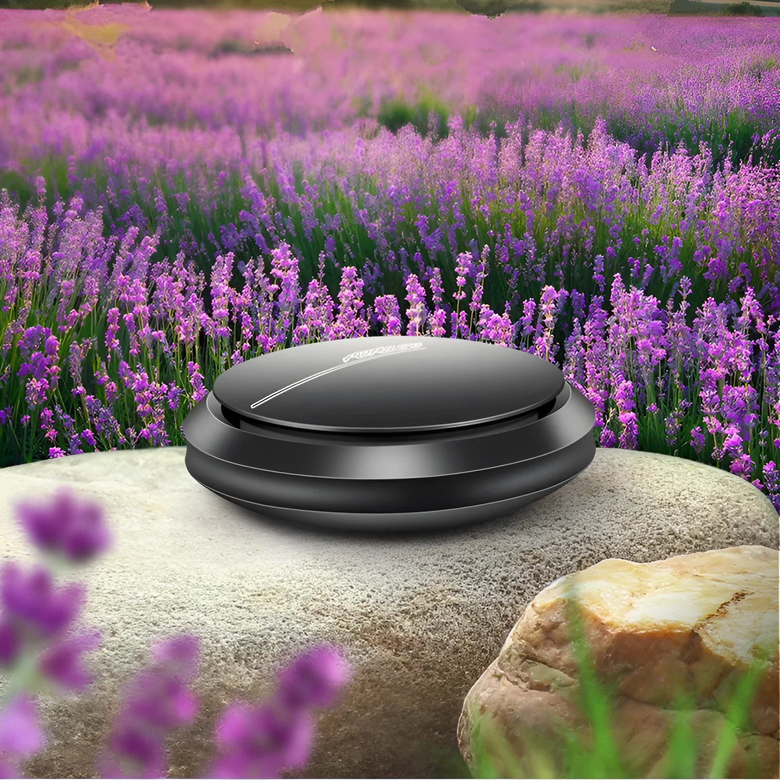 Black car aromatherapy ornament with adjustable perfume diffuser made from aluminium alloy, 59 mm diameter and 19 mm height