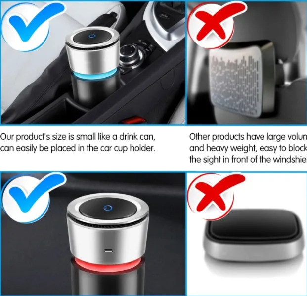 USB negative ion car air purifier 75x75x165mm on a car dashboard