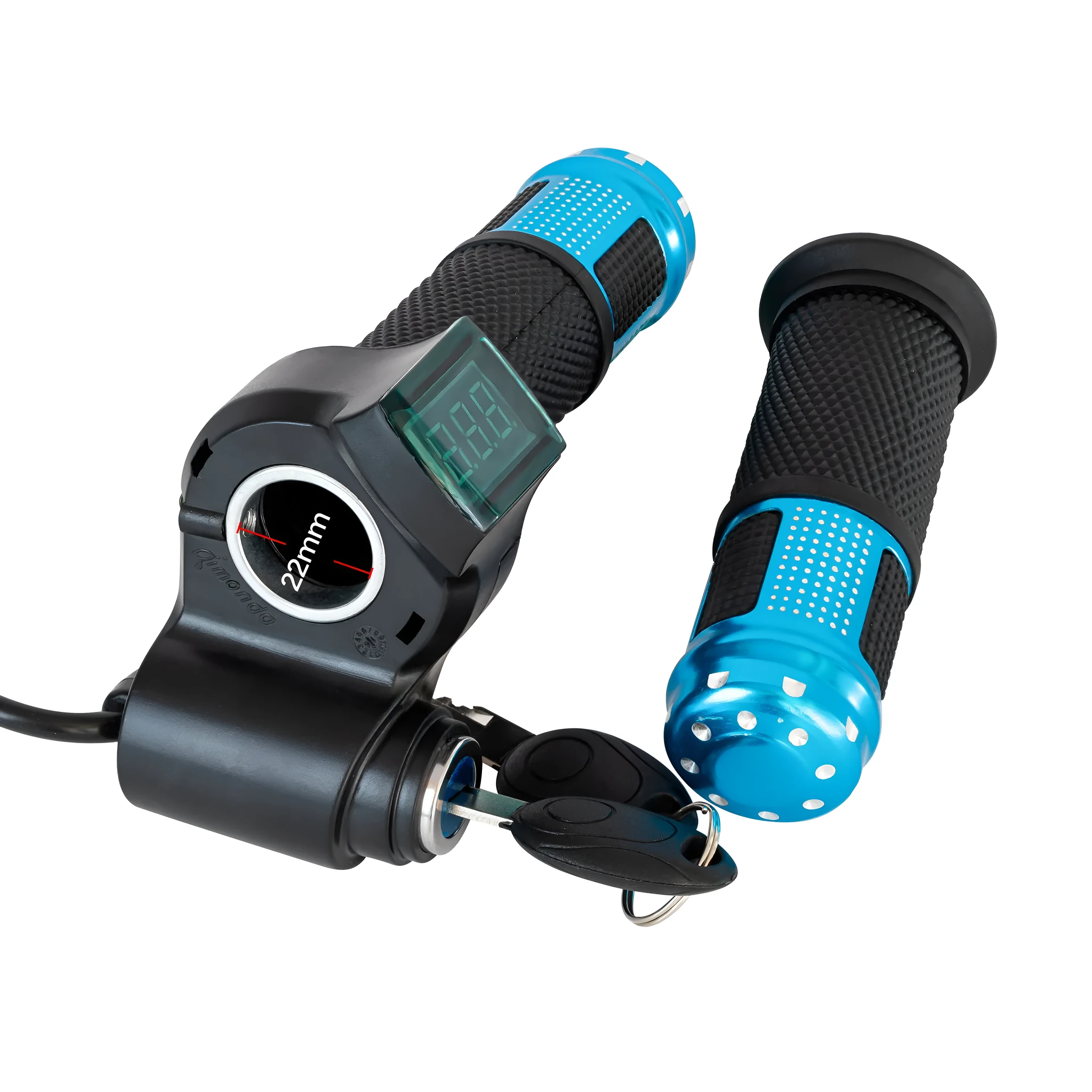 Electric vehicle handlebar grip switch controller in blue, red, silver, or yellow colours