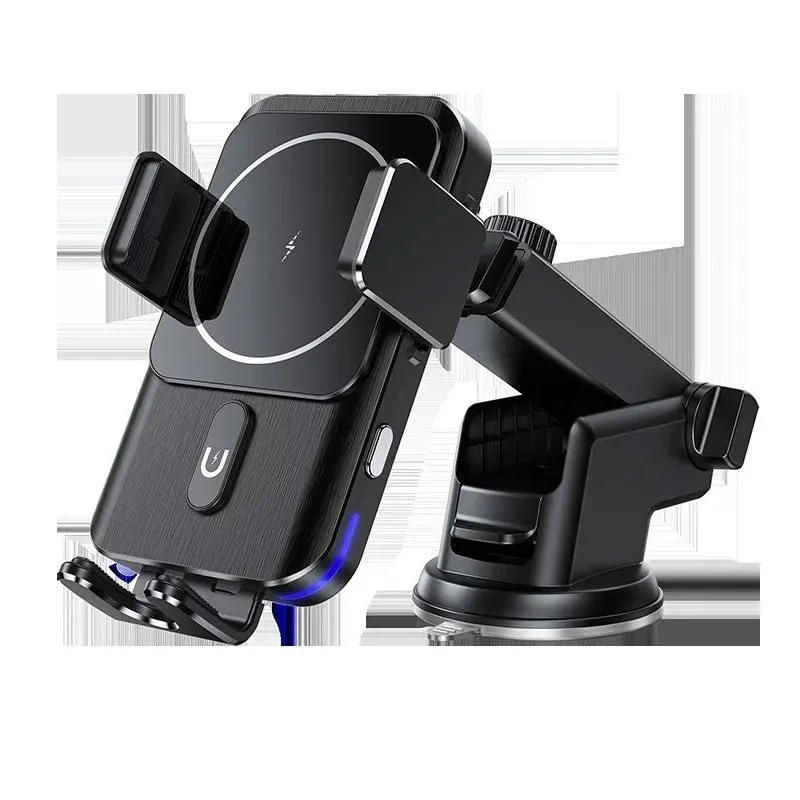 Black car wireless phone charger with 15W power shown with suction cup and clip mounting options