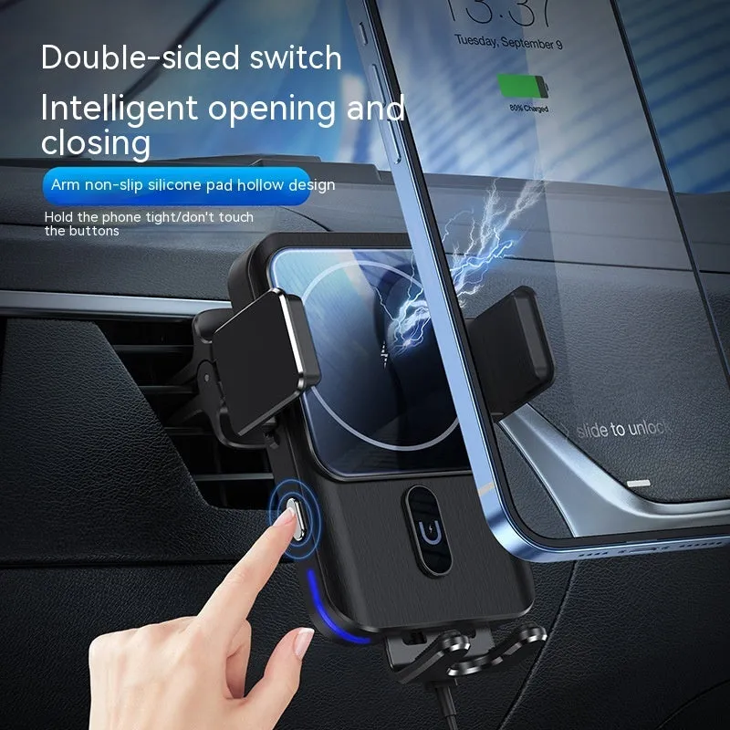Black car wireless phone charger with 15W power shown with suction cup and clip mounting options