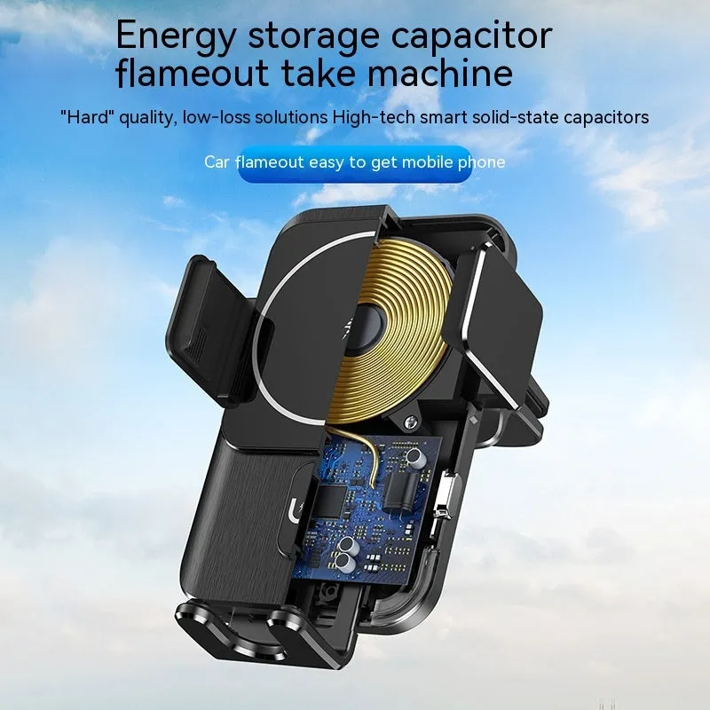 Black car wireless phone charger with 15W power shown with suction cup and clip mounting options