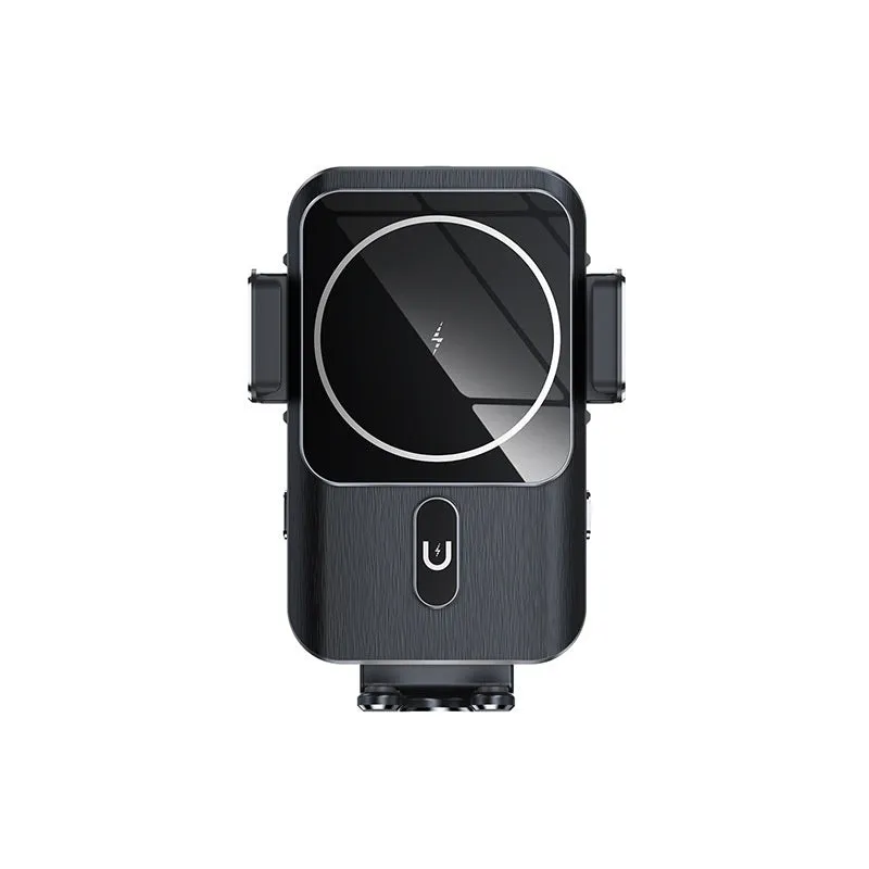 Black car wireless phone charger with 15W power shown with suction cup and clip mounting options