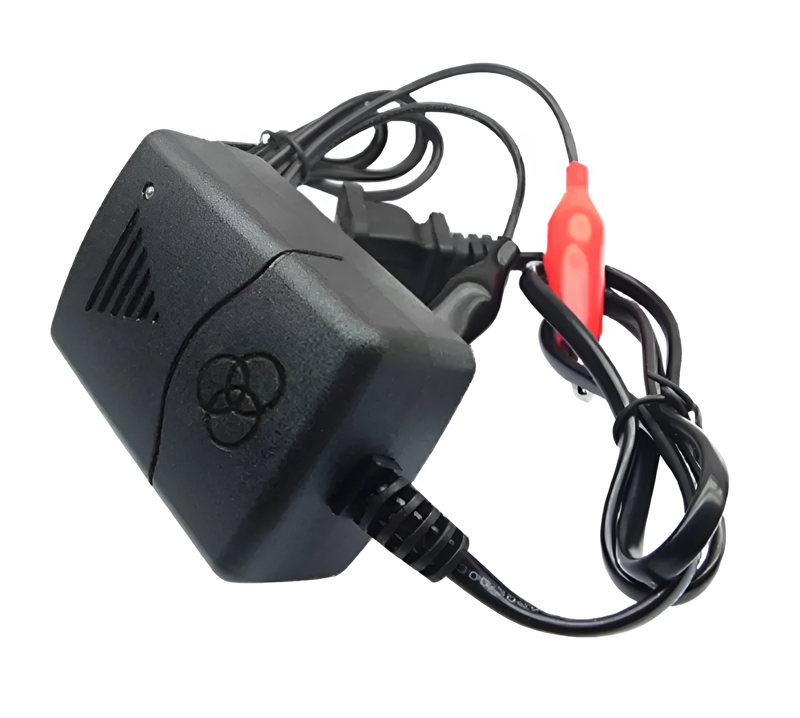Compact 12V black battery charger for car truck motorcycle with 1250mA output on white background