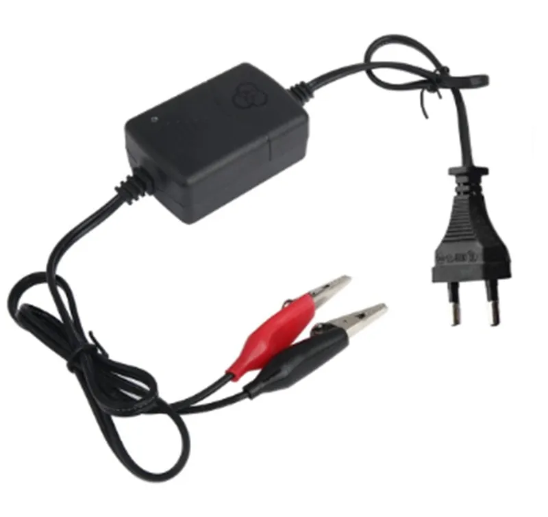 Compact 12V black battery charger for car truck motorcycle with 1250mA output on white background
