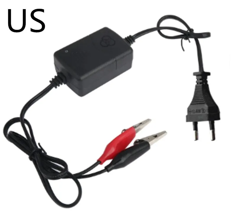 Compact 12V black battery charger for car truck motorcycle with 1250mA output on white background