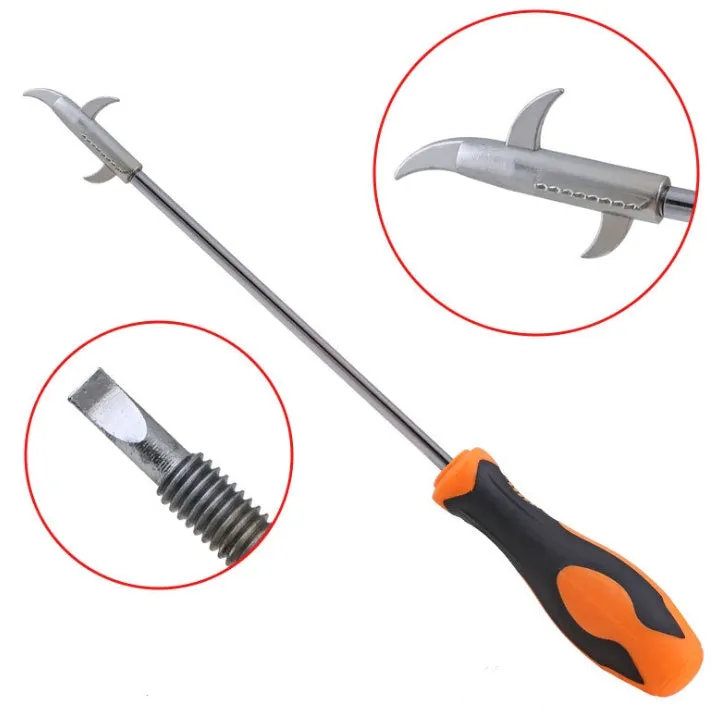 Car tyre cleaning hook made of zinc alloy and hard plastic with a built-in Phillips screwdriver