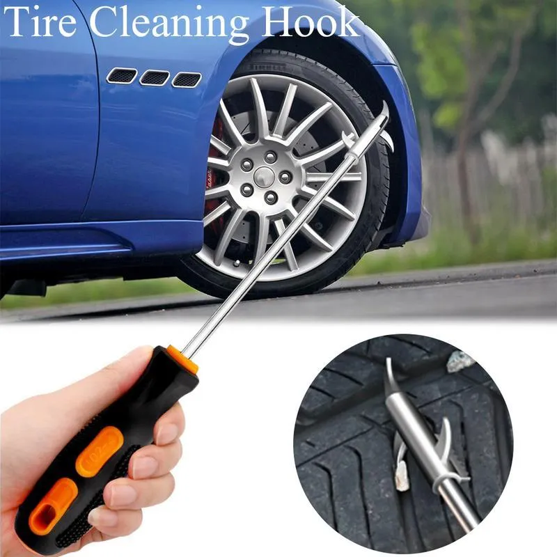 Car tyre cleaning hook made of zinc alloy and hard plastic with a built-in Phillips screwdriver