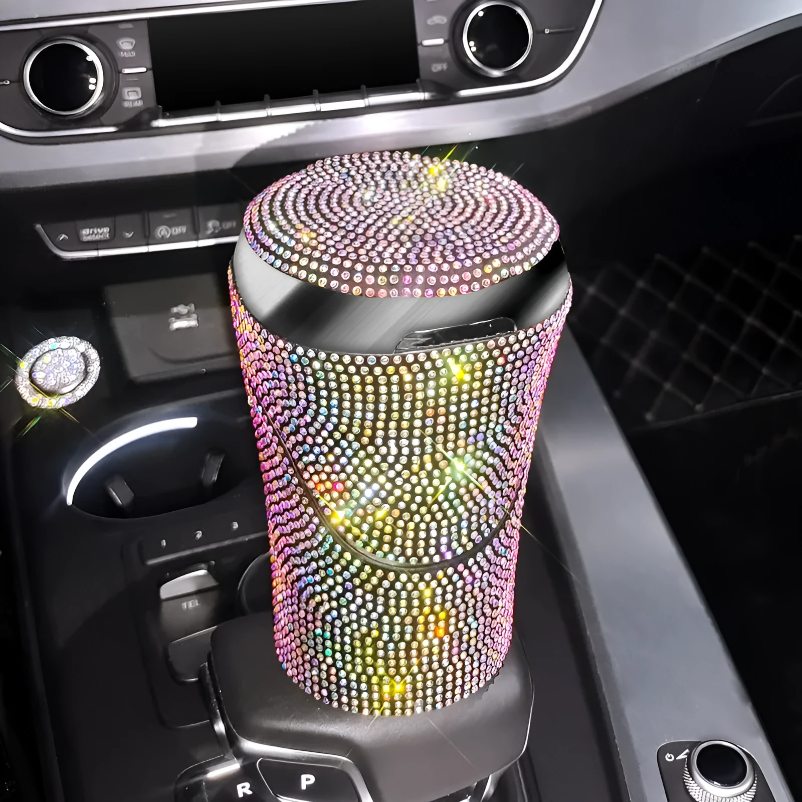 Creative diamond car ashtray in plastic with multiple colour options, 13x8.5x8.5cm, for in-car use