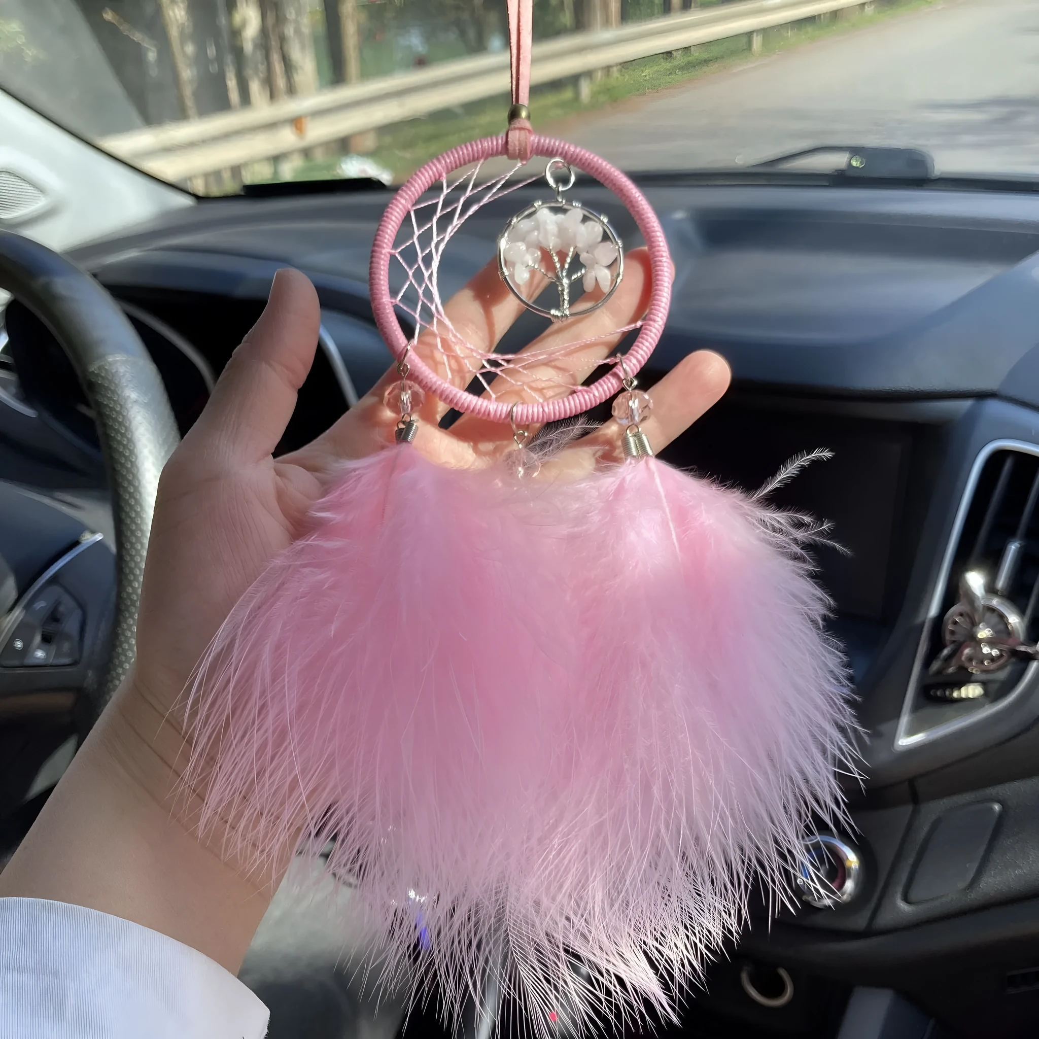Dream catcher feather car pendant decorative hanging ornament in black with glass beads and iron fist charm