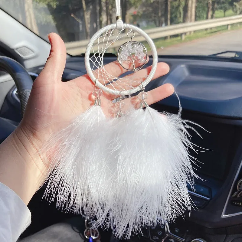 Dream catcher feather car pendant decorative hanging ornament in black with glass beads and iron fist charm