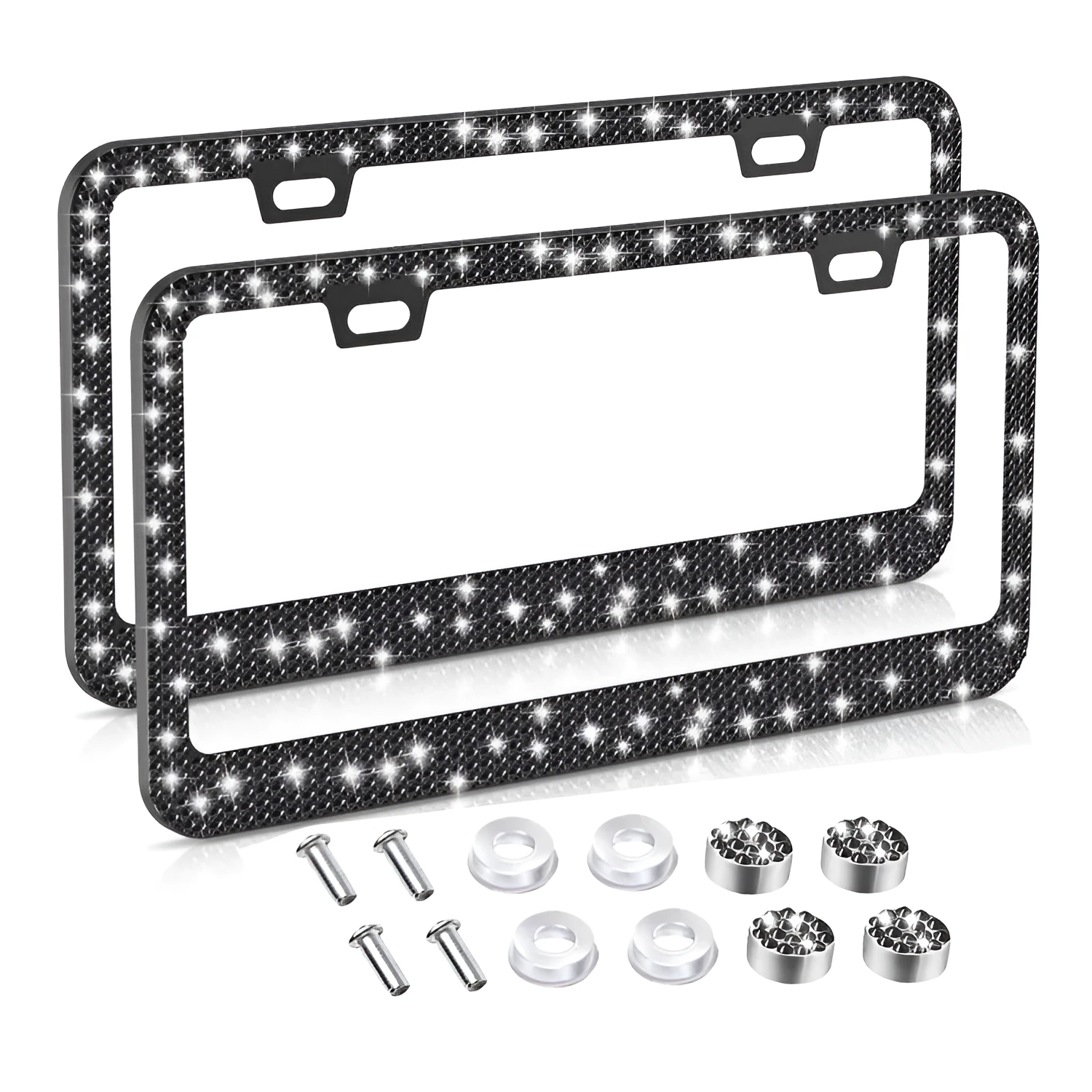 White diamond-studded stainless steel licence plate frame on a car showing 160x310mm external size