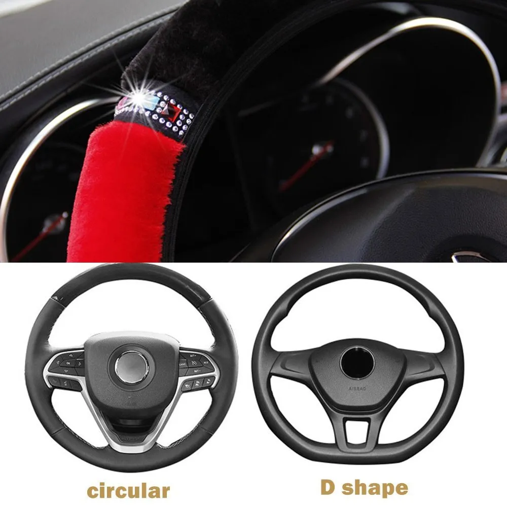 Short hair diamond plush elastic steering wheel cover in black on a car steering wheel