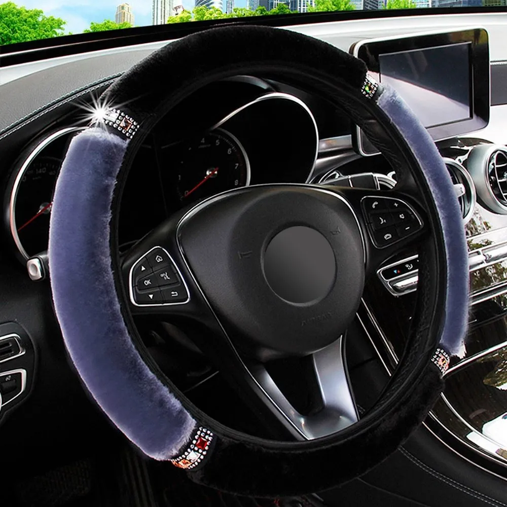 Short hair diamond plush elastic steering wheel cover in black on a car steering wheel