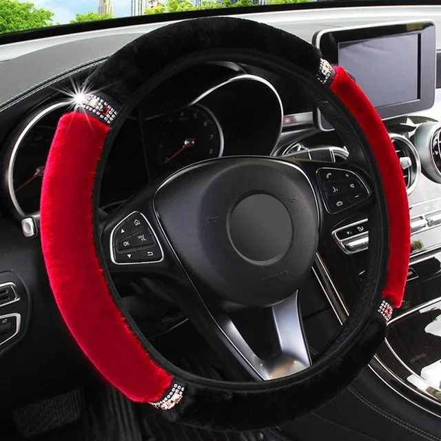Short hair diamond plush elastic steering wheel cover in black on a car steering wheel