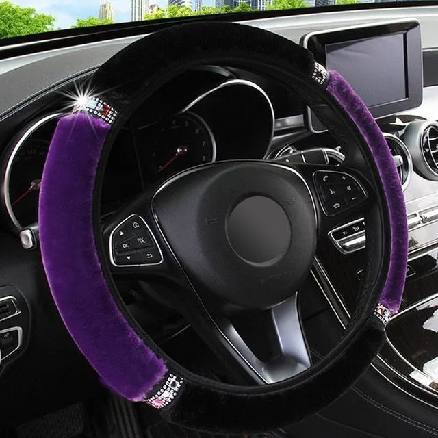 Short hair diamond plush elastic steering wheel cover in black on a car steering wheel
