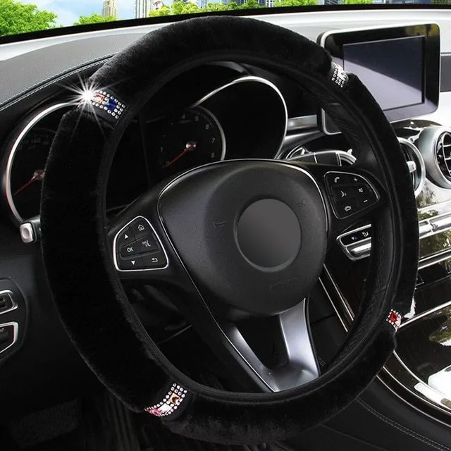 Short hair diamond plush elastic steering wheel cover in black on a car steering wheel