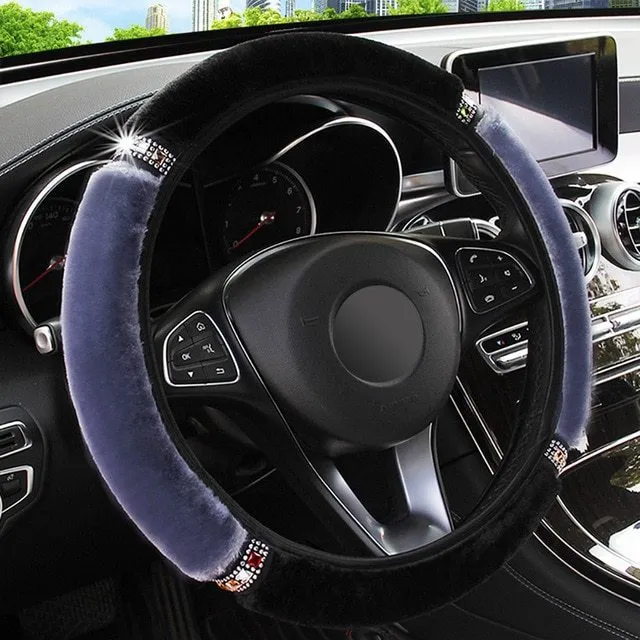 Short hair diamond plush elastic steering wheel cover in black on a car steering wheel