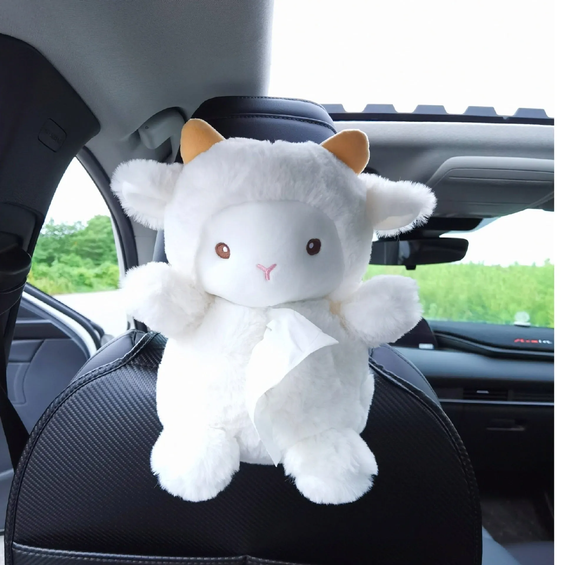 Plush car tissue box with cartoon lamb design for vehicle and home decoration