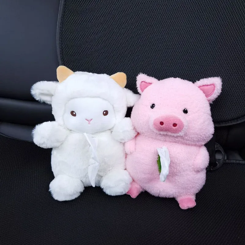 Plush car tissue box with cartoon lamb design for vehicle and home decoration