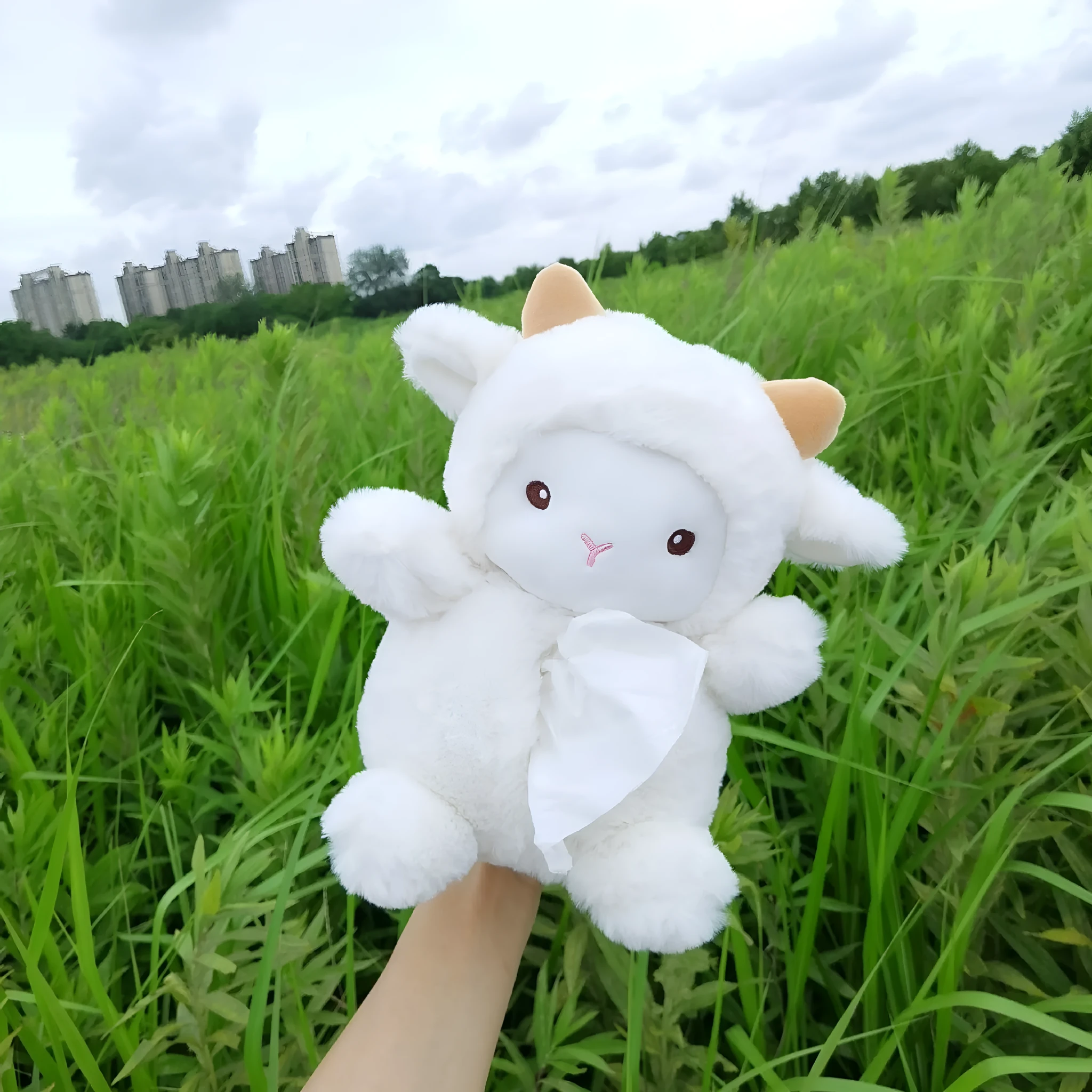 Plush car tissue box with cartoon lamb design for vehicle and home decoration
