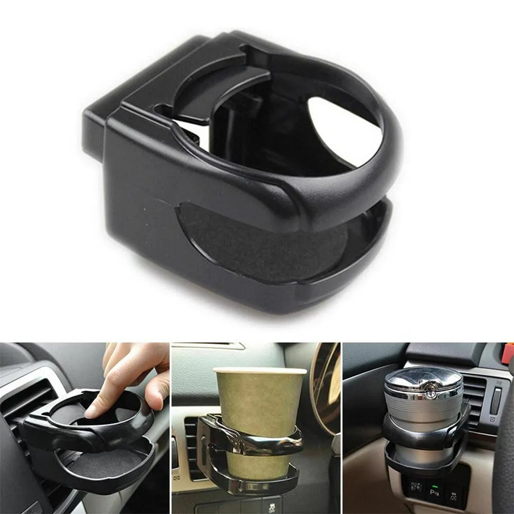 Aluminum alloy car water cup holder clipped onto vehicle air outlet, black colour, with a drink can