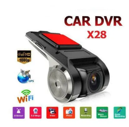 Black USB hidden car DVR recorder with built-in WiFi, GPS, and wide-angle lens on a dashboard