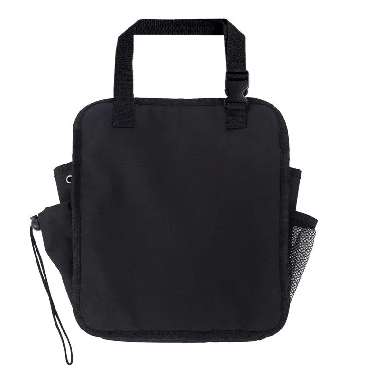 Black polyester car suspension storage bag with 35x28x9cm dimensions, hanging behind a car seat