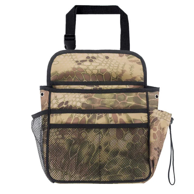 Black polyester car suspension storage bag with 35x28x9cm dimensions, hanging behind a car seat