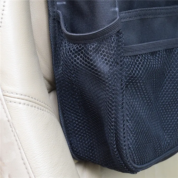 Black polyester car suspension storage bag with 35x28x9cm dimensions, hanging behind a car seat