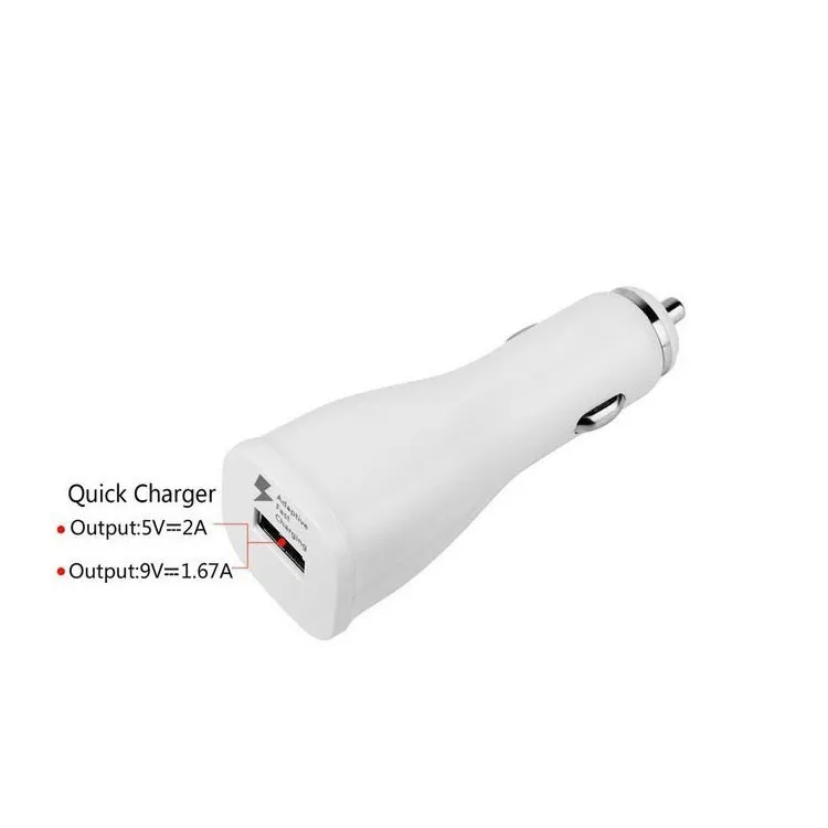 White single-port USB car fast charger with QC2.0 certification, compact rectangular design