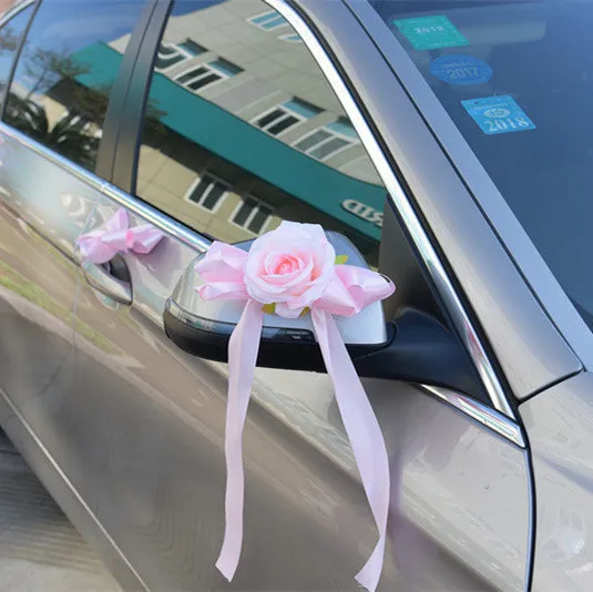 Bear rose rear view mirror wedding car decoration in pink artificial flowers with Korean style design