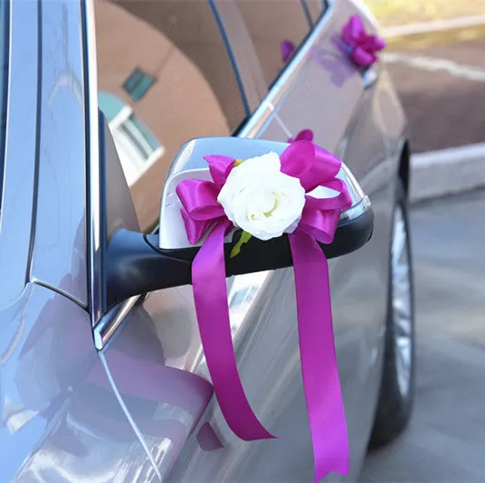 Bear rose rear view mirror wedding car decoration in pink artificial flowers with Korean style design