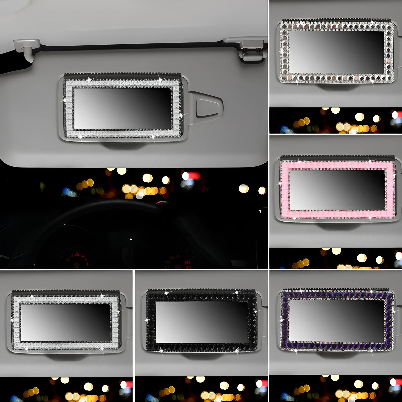 Rhinestone car sun visor makeup mirror with glass mirror, compact 15x8cm size