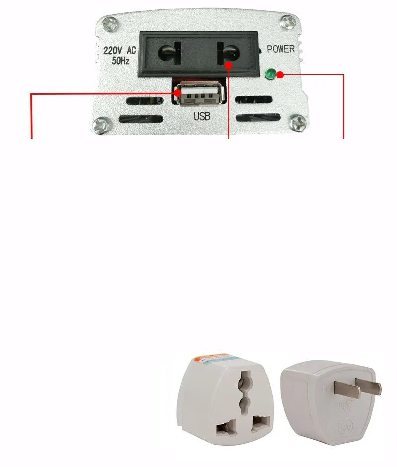 200W car inverter with USB in silver die-cast aluminium housing, 12V to 110V/220V vehicle power converter
