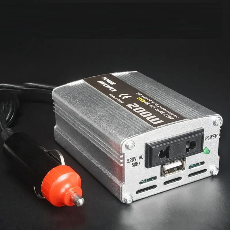 200W car inverter with USB in silver die-cast aluminium housing, 12V to 110V/220V vehicle power converter