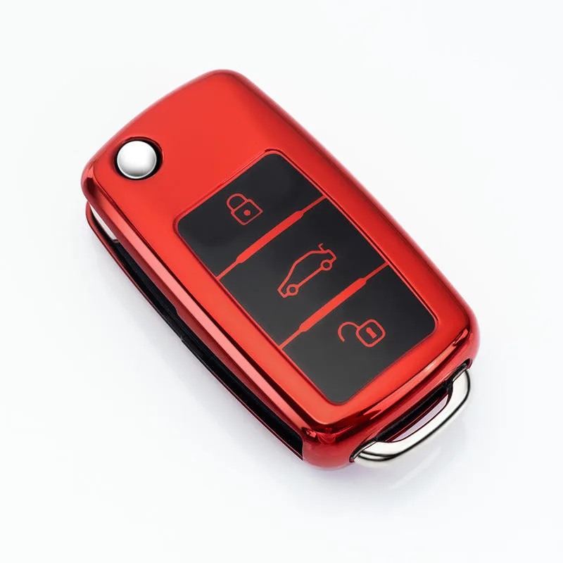 VW Model A folding car key enclosed in a coloured TPU protective case with a metal buckle loop.