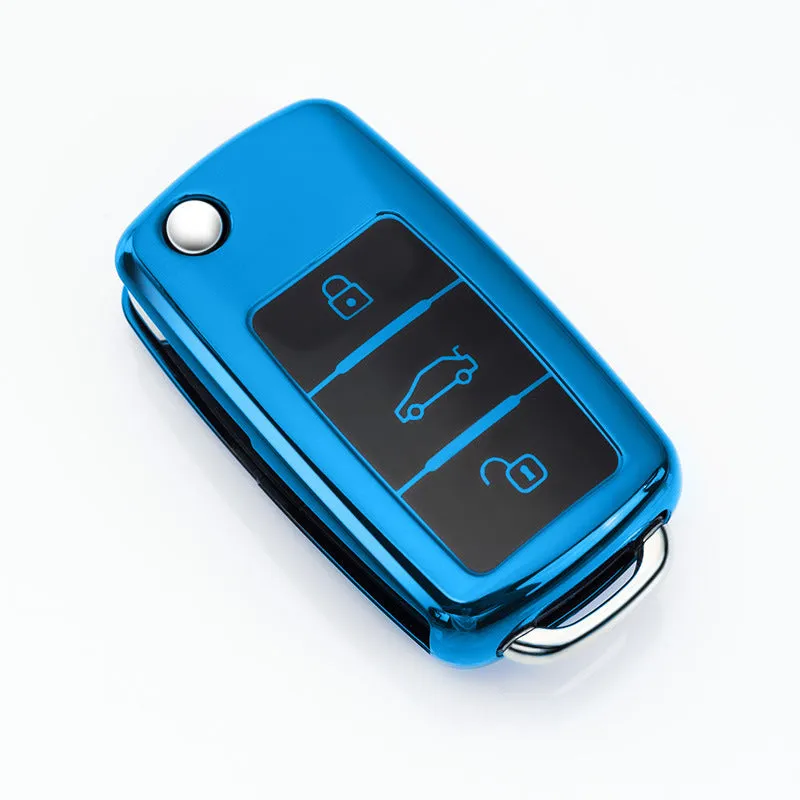 VW Model A folding car key enclosed in a coloured TPU protective case with a metal buckle loop.