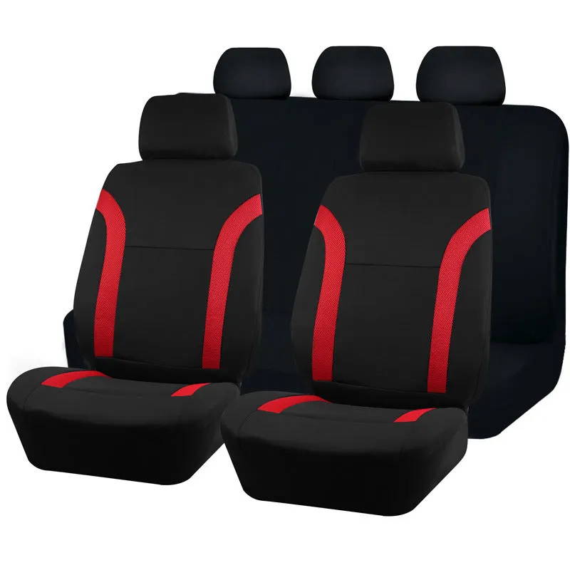 Universal polyester car seat cover set with eyelet stitching in black, blue, grey, or red colour options.