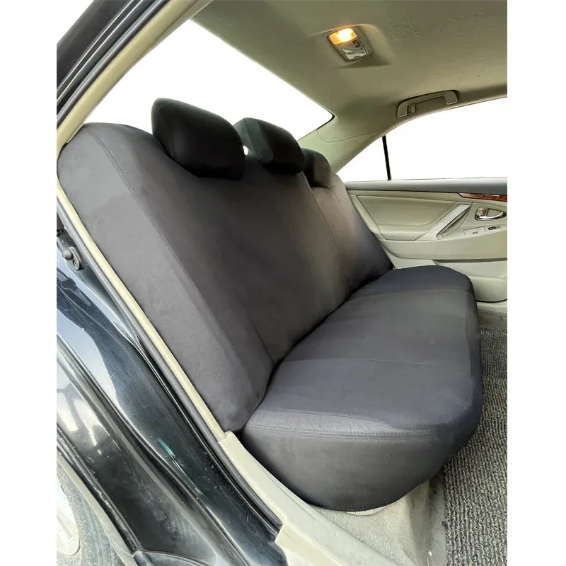Universal polyester car seat cover set with eyelet stitching in black, blue, grey, or red colour options.