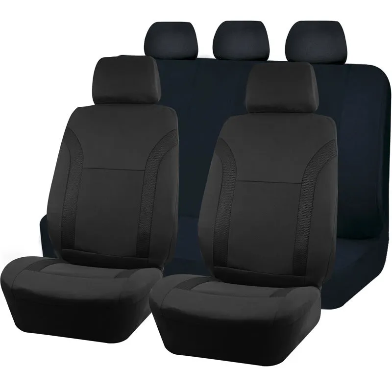 Universal polyester car seat cover set with eyelet stitching in black, blue, grey, or red colour options.