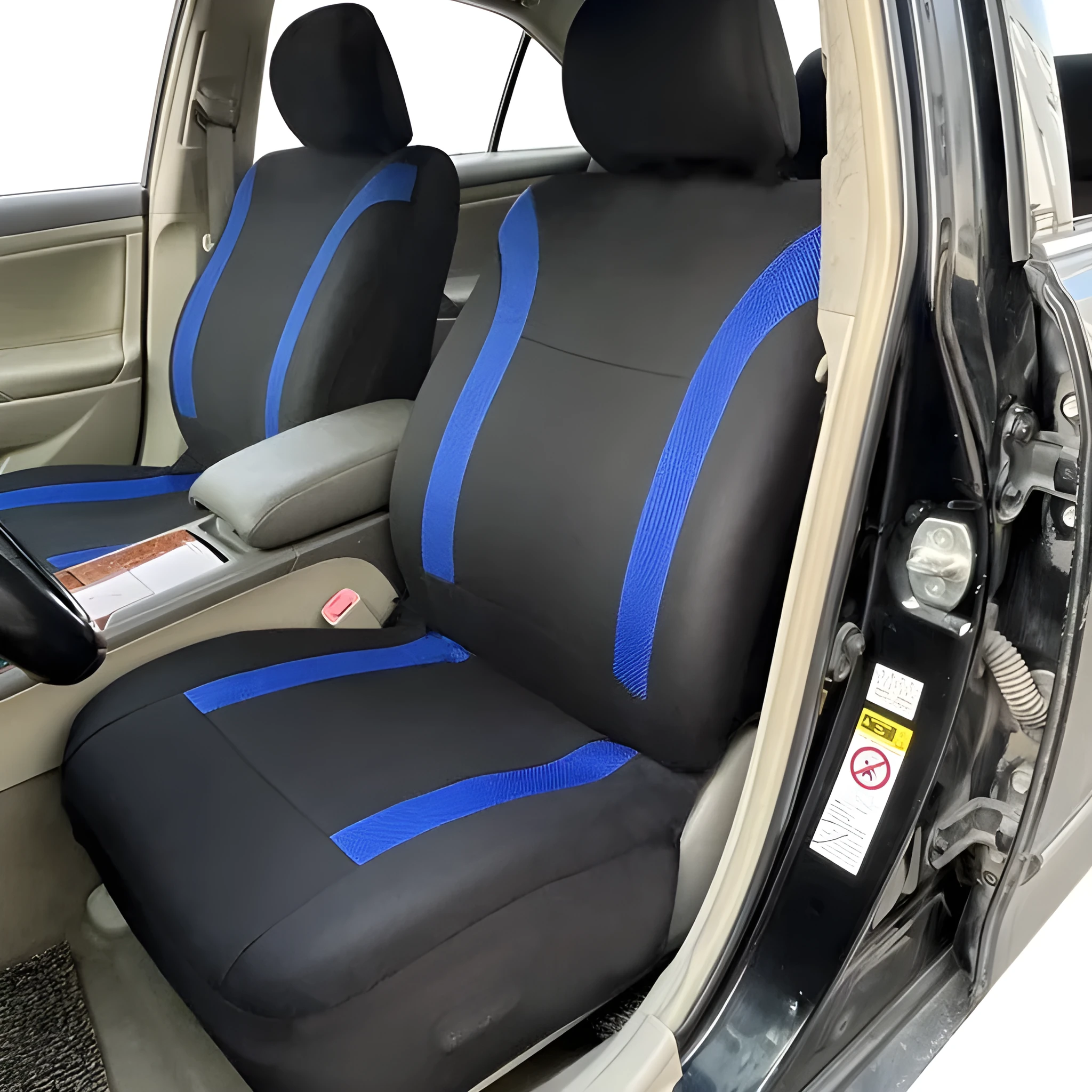 Universal polyester car seat cover set with eyelet stitching in black, blue, grey, or red colour options.